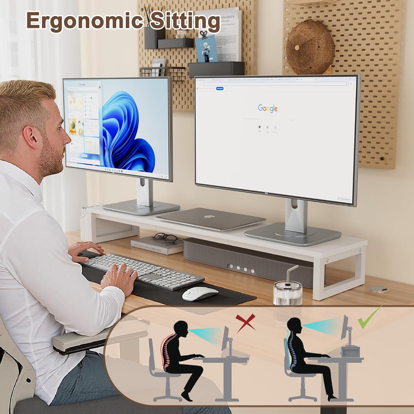 LAND·VOI Heavy Duty Dual Monitor Stand, Holds 2 Screens Up to 27 Inches, Adjustable Length and Angle Monitor Riser, Desk Organizer with Side Pockets and Drawers, Home Office Desk Storage, Rustic Brown