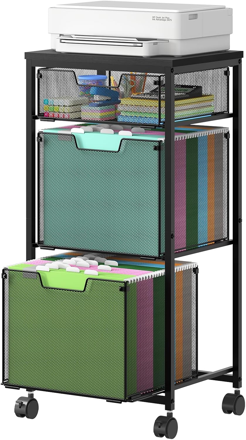 Sbanmao Rolling File Cart with 2 Storage Drawers, Mobile File Cabinet with Wheels, Hanging File Folder Organizer, Under Desk Storage, Printer Stand Utility Cart Filing Cabinet for Home Office,Black