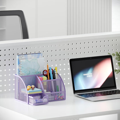 EasyPAG Mesh Desk Organizer with Drawer Multi-functional Pen Holder Stationery Organizer for Office School Supplies 6 Compartments Dorm Organizers and Storage for Desk, Black