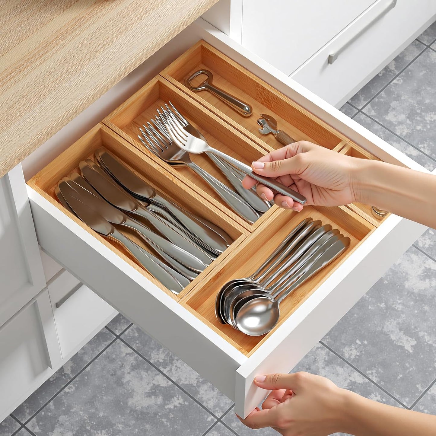 Bamboo Drawer Organizer Boxes, 5 PCS Junk Drawer Organizer, Wooden Storage Trays for Kitchen, Bathroom, Office, Makeup