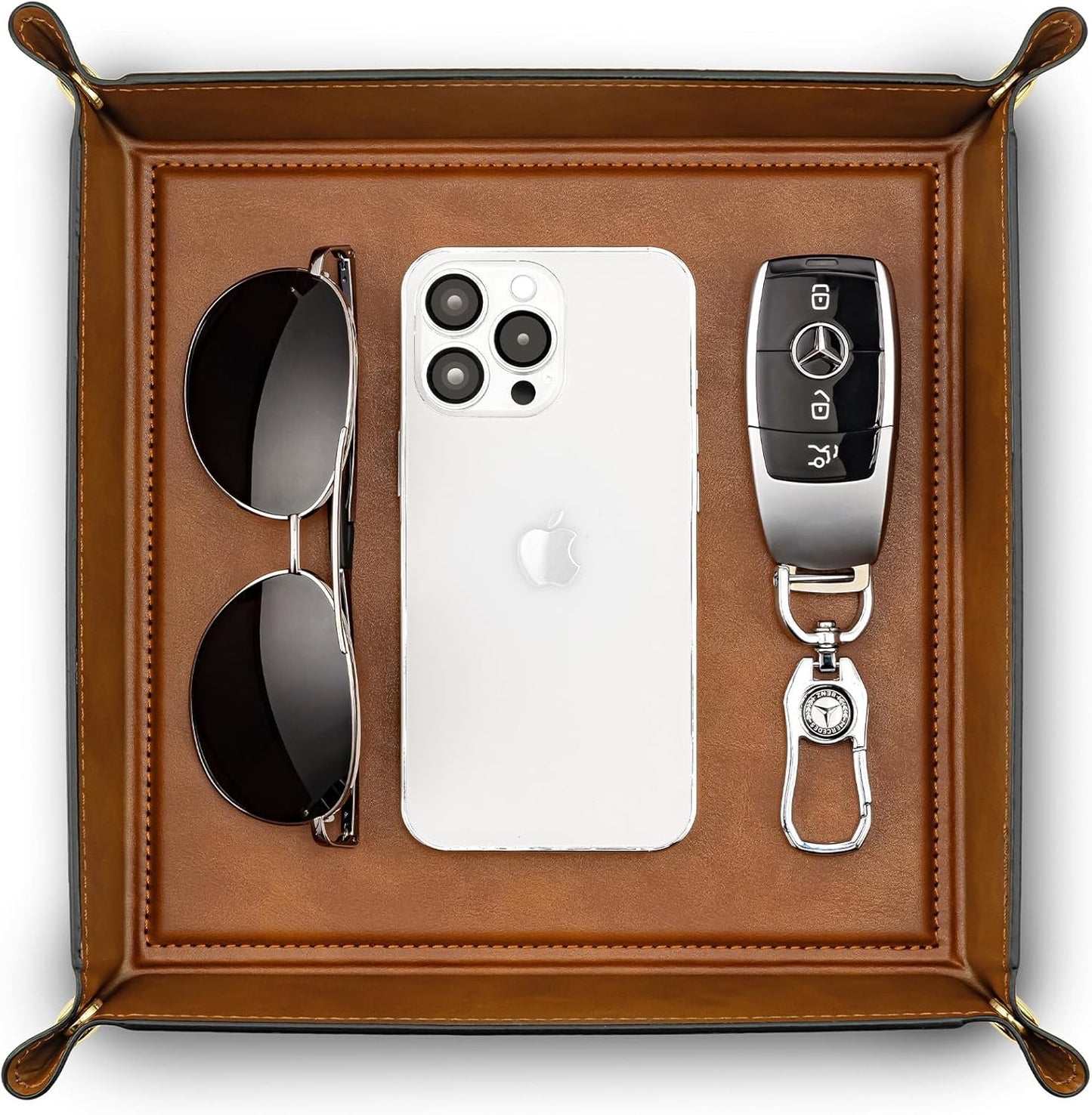VLANDO Valet Tray for Men Women, Nightstand Organizer Vanity Catchall Holder for Dresser Desk Storage Bedside, Travel PU Leather Jewelry Key Bowl Coin Watches and Candy Entryway Tray - Large, Brown