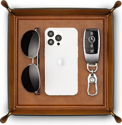 VLANDO Valet Tray for Men Women, Nightstand Organizer Vanity Catchall Holder for Dresser Desk Storage Bedside, Travel PU Leather Jewelry Key Bowl Coin Watches and Candy Entryway Tray - Large, Brown