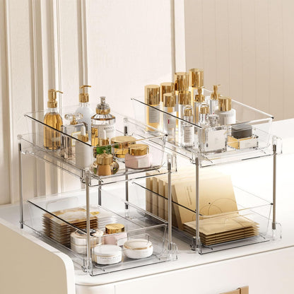 Vtopmart 4 Pack Bathroom Organizer, 2 Tier Clear Under Sink Organizers Vanity Countertop Storage Container,Cabinet Drawers Bins, Pull-Out Organization with Track for Pantry, Kitchen