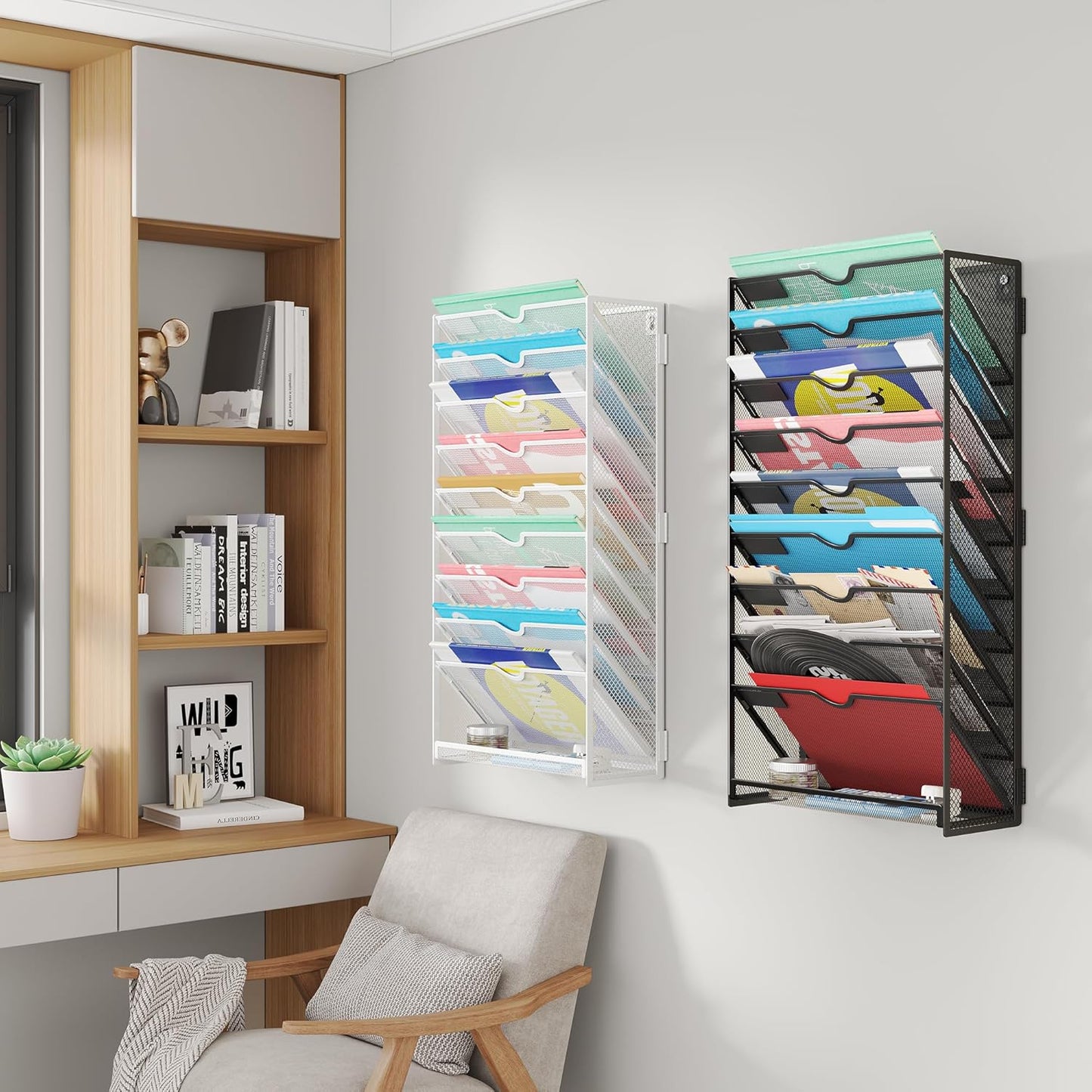 Lavatino 6-Tier Hanging File Organizer, Wall Mount File Holder for Mails Folders Papers Magazine Organization, Vertical Document Organizer for Office Home - (White)