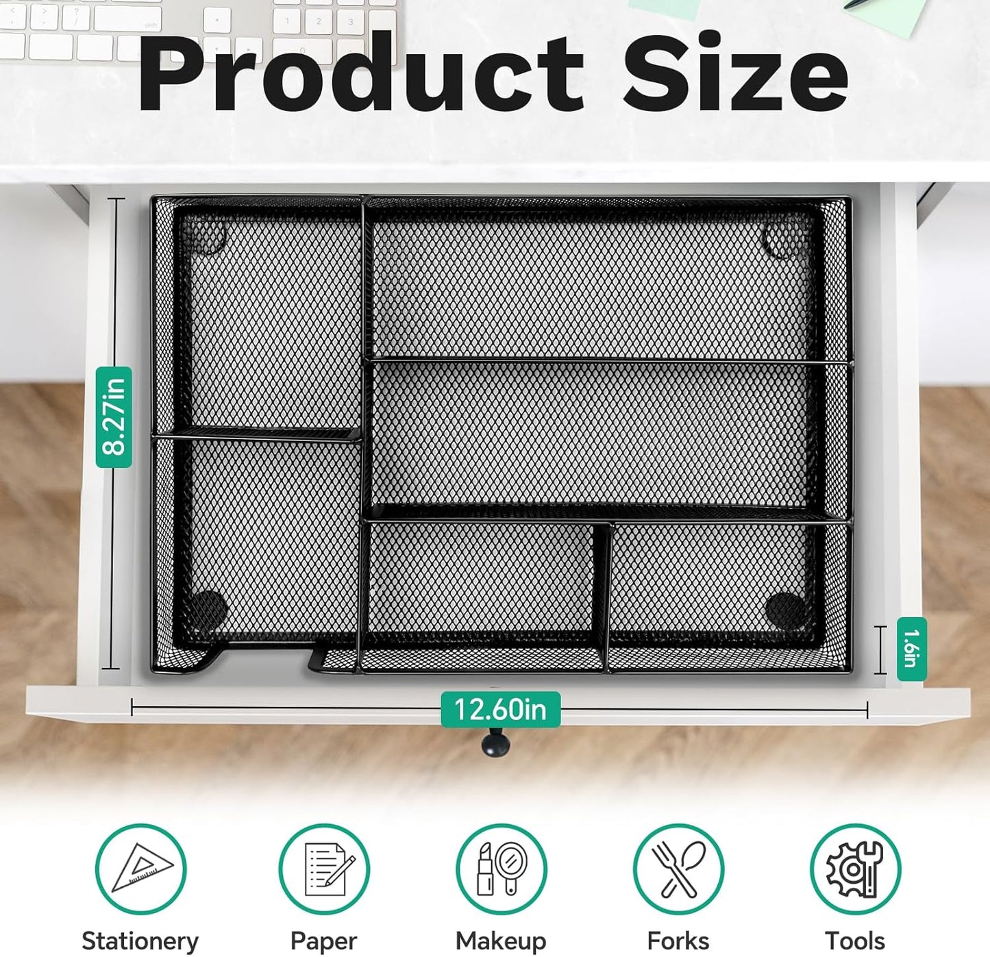 Desk Drawer Organizer Tray Versatile Metal Mesh Desk Organizers and Accessories for Office Supplies, School, Home, 10.34 x 6.1 x 1.38 Inches