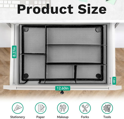 Desk Drawer Organizer Tray Versatile Metal Mesh Desk Organizers and Accessories for Office Supplies, School, Home, 10.34 x 6.1 x 1.38 Inches