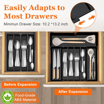 Spaclear Silverware Organizer - Expandable Kitchen Drawer Organizer, Utensil Drawer Organizer, Adjustable Plastic Flatware and Cutlery Holder, Kitchen Organizers Storage for Forks Knives, Black