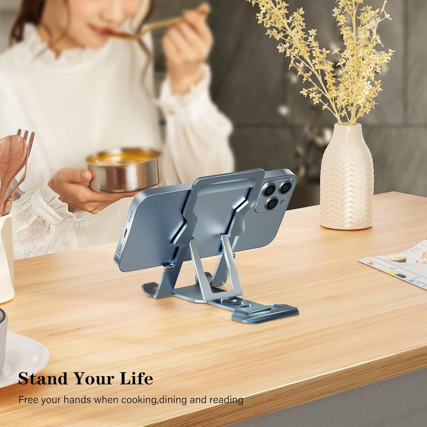 Phone Stand for Desk, Adjustable Cell Phone Stands, Foldable Metal Phone Stands for All Smartphone
