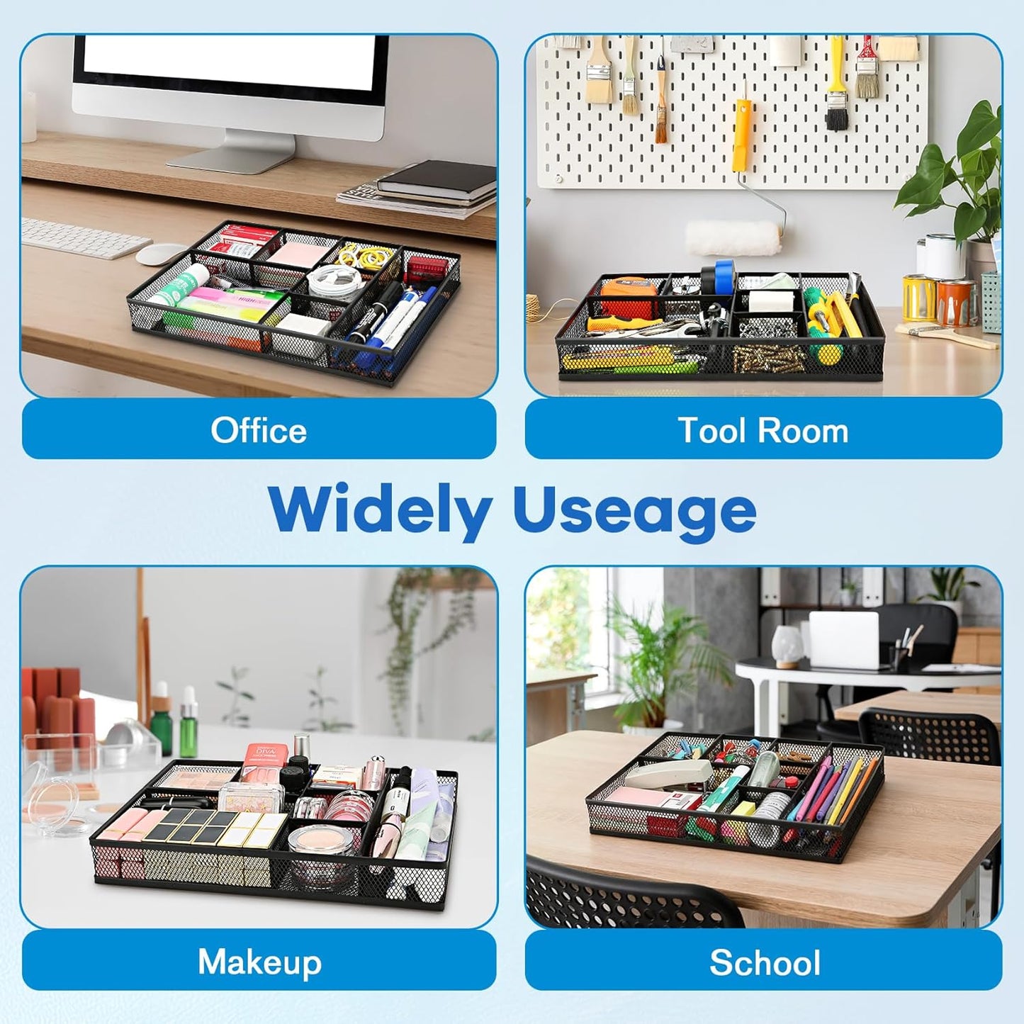 shenee Desk Drawer Organizer Tray,Drawer Organizer for Office and Home,Desk Organizer with Drawers,4 Compartments,Non-Slip Desk Organizers and Accessories for Stationery Makeup School (Black)
