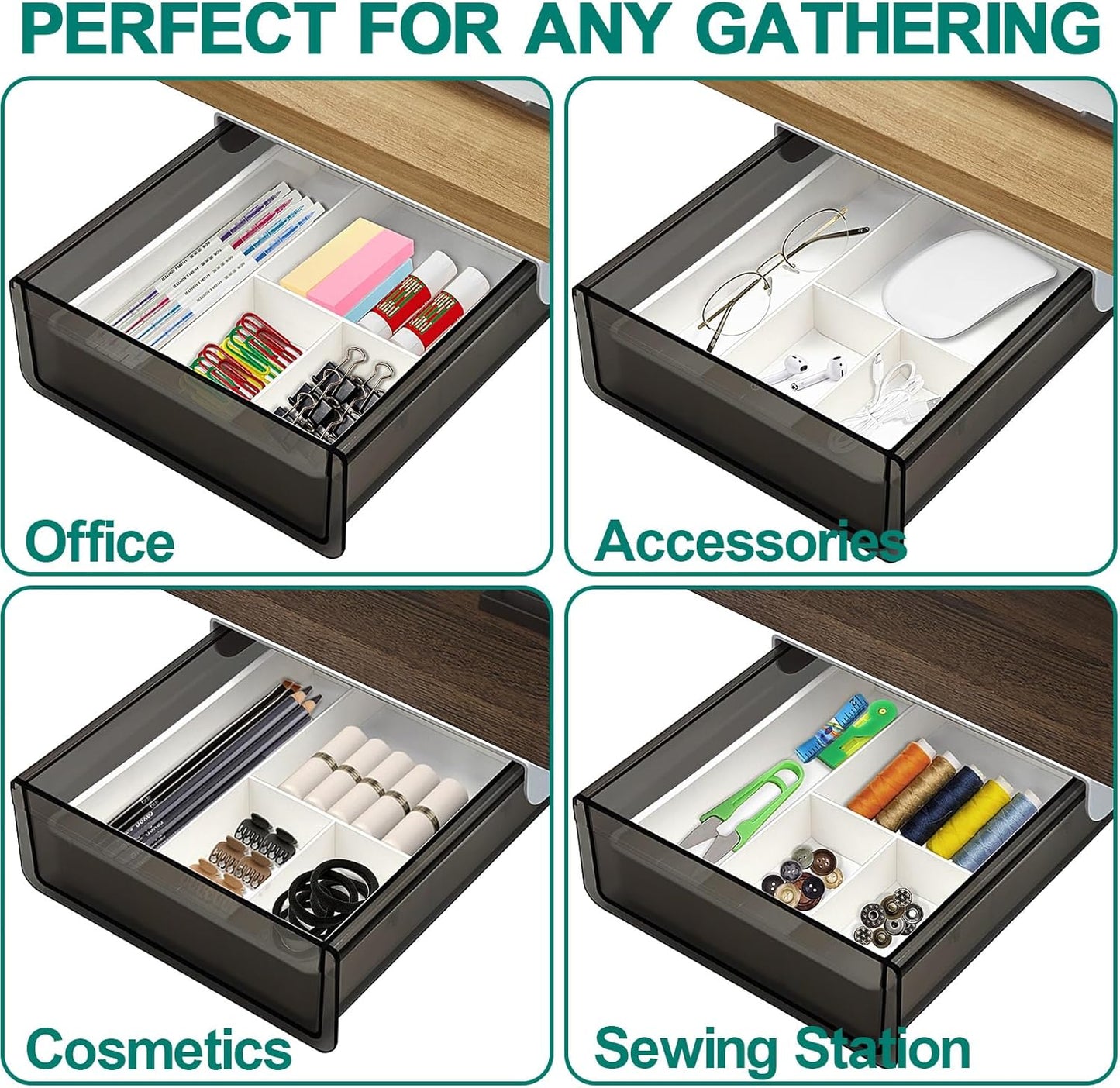 SVNNELP Under Desk Table Drawer Storage Organizer, Slide Out Drawer with 4 Compartments Divider,Pencil Storage Self-Adhesive Tray Under Table (M/Clear Black+White)