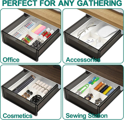 SVNNELP Under Desk Table Drawer Storage Organizer, Slide Out Drawer with 4 Compartments Divider,Pencil Storage Self-Adhesive Tray Under Table (M/Clear Black+White)