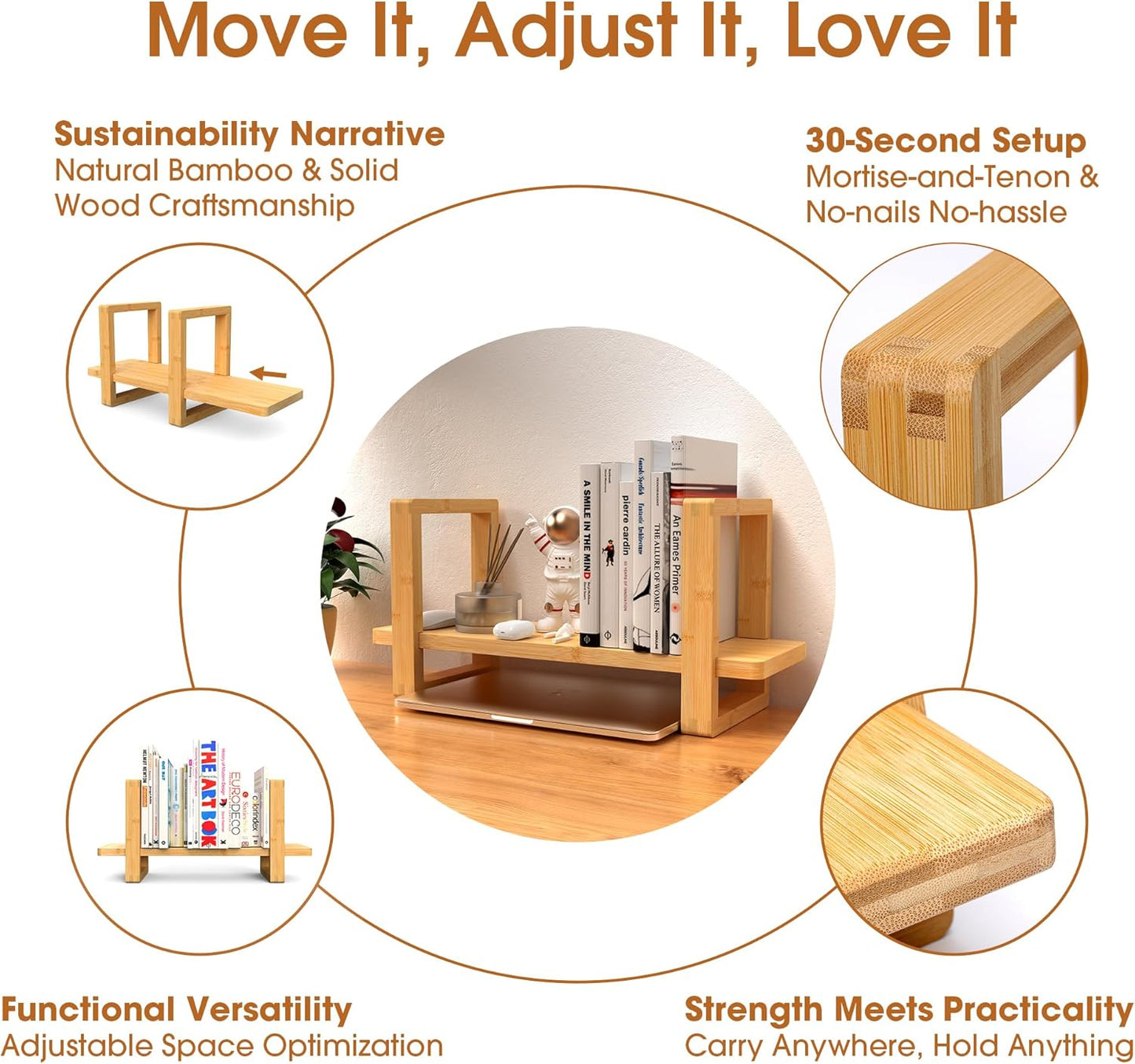 Small Adjustable Desk Bookshelf Organizer – Open Bookend Shelf Flexible to Fit as Much or as Little with Slide-in Joints | Portable, Reversible for Class, Dorm, Home Office | Bamboo
