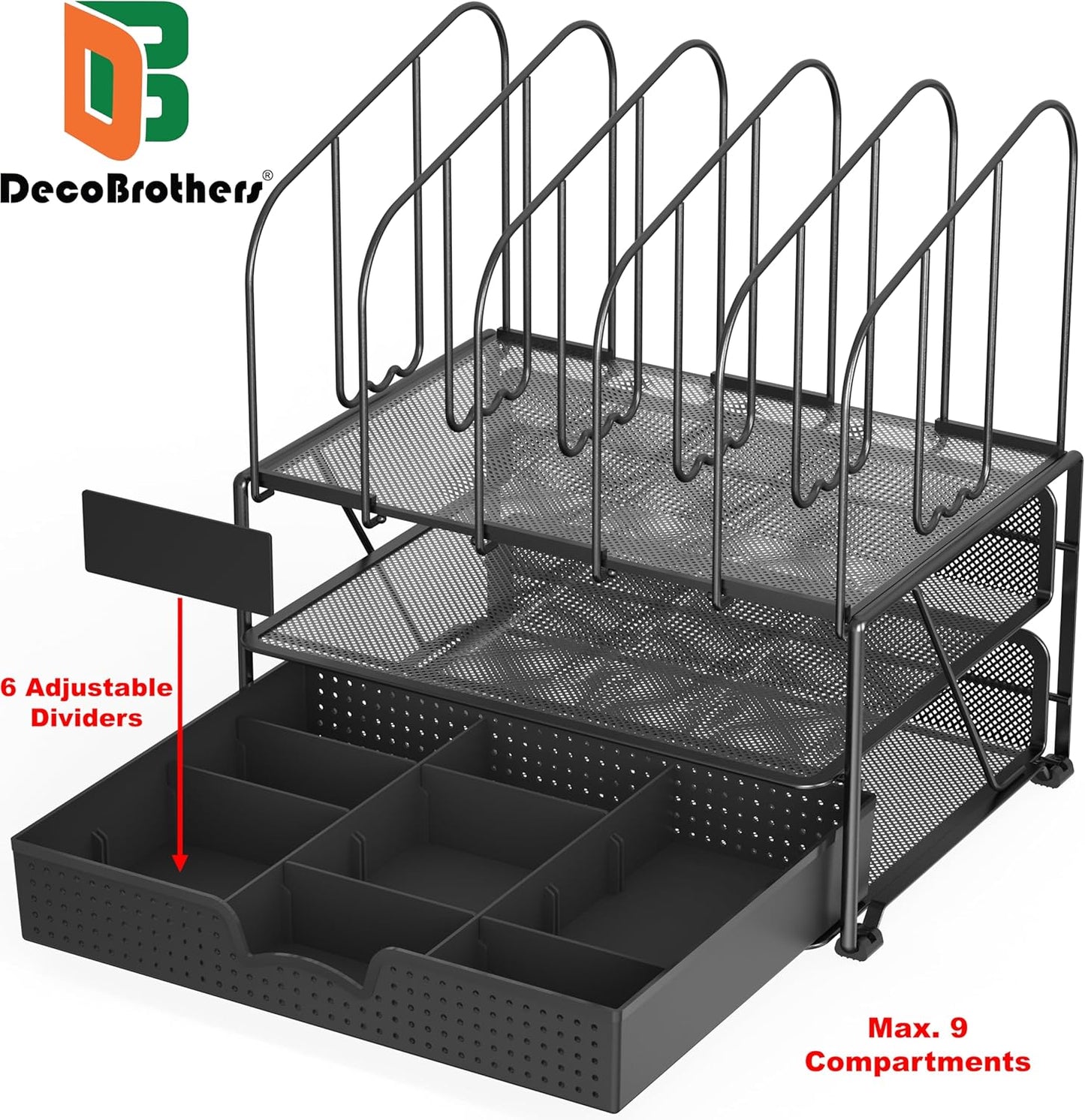 Deco Brothers Mesh Desk Organizer with Double Tray, 5 Upright Sections and Sliding Drawer, Black