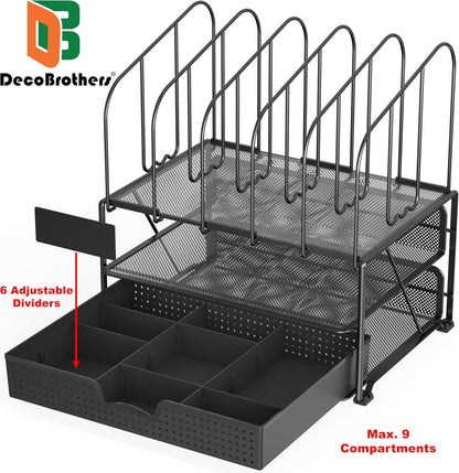 Deco Brothers Mesh Desk Organizer with Double Tray, 5 Upright Sections and Sliding Drawer, Black