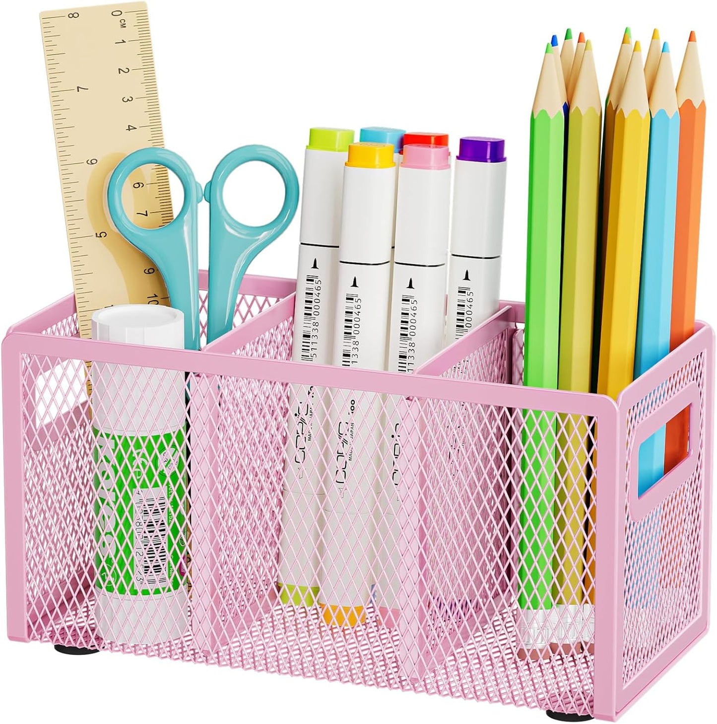 Marbrasse Mesh Pen Holder for Desk,Pencil Holder Desk Organizer 3 Adjustable Compartments,Pencil Cup with Handle Perfect for Classroom, Office, Home,Makeup,Art (Black)
