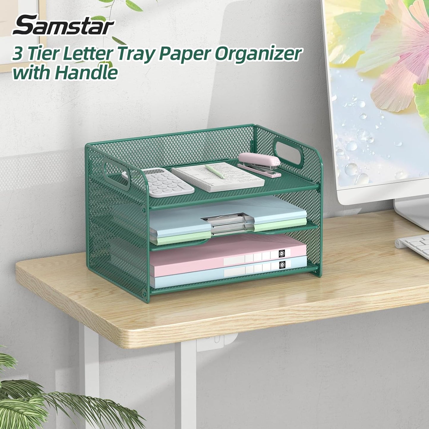Samstar 3 Tier Letter Tray Paper Organizer with Handle, Mesh Desk Organizer Paper Sorter File Rack Shelves, Black