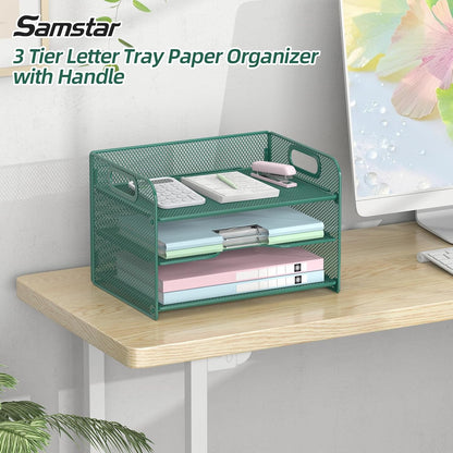 Samstar 3 Tier Letter Tray Paper Organizer with Handle, Mesh Desk Organizer Paper Sorter File Rack Shelves, Black