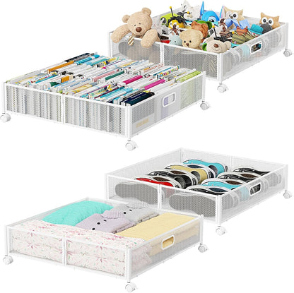 PHINOX Under Bed Storage Containers with Wheels, Under Bed Shoe Storage Organizer Drawer, Tool-free Assembly Metal Storage Containers for Bedroom Clothes Shoes Blankets -2PCK