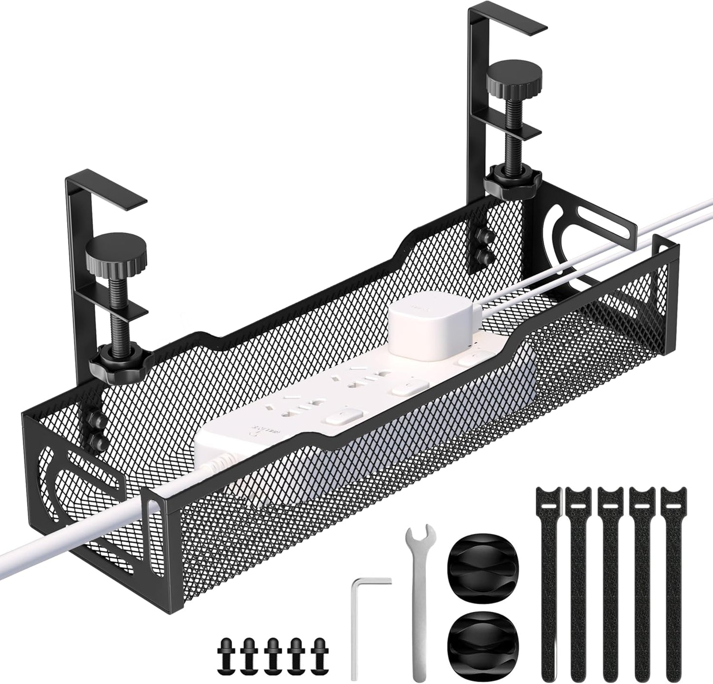 Under Desk Cable Management Tray, No Drill Mesh Desk Cable Tray, Wire Management Tray Cable Management Rack, Wire Organizer and Cable Management Box (White)