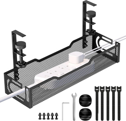 Under Desk Cable Management Tray, No Drill Mesh Desk Cable Tray, Wire Management Tray Cable Management Rack, Wire Organizer and Cable Management Box (White)