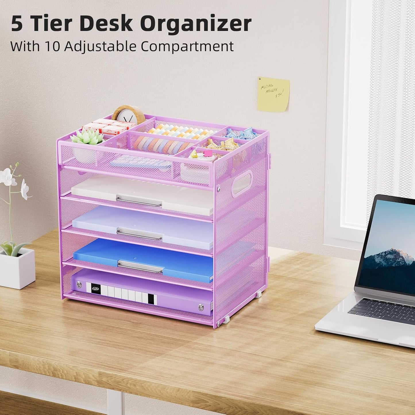 Marbrasse 5-Tier Letter Tray Paper Organizer with Handle, Multi-Functional Mesh File Organizer for Desk, Adjustable Compartments Mesh Desktop Storage for Office Supplies,Black