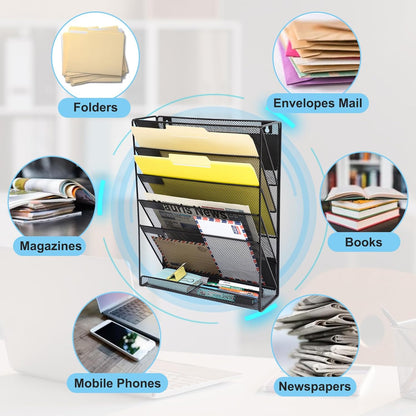EASEPRES Desk File Organizer Mesh 6-Tier, Hanging Wall Mount Document Organization Stand, Desktop Vertical Mail Paper Folder Holder Rack with Bottom Tray for Office Home Cubicle Countertop, Black