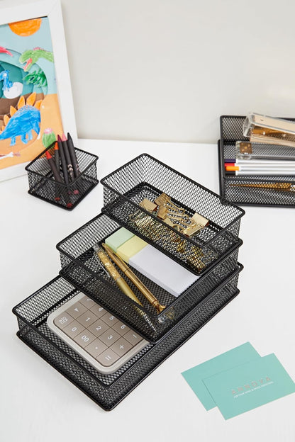 Annova Stackable Mesh Drawer Cabinet and Shelf Organizer Bins Storage Basket School Office Supply Holder Tray- Set of 2 (Gold, 3x3x2 Inch)