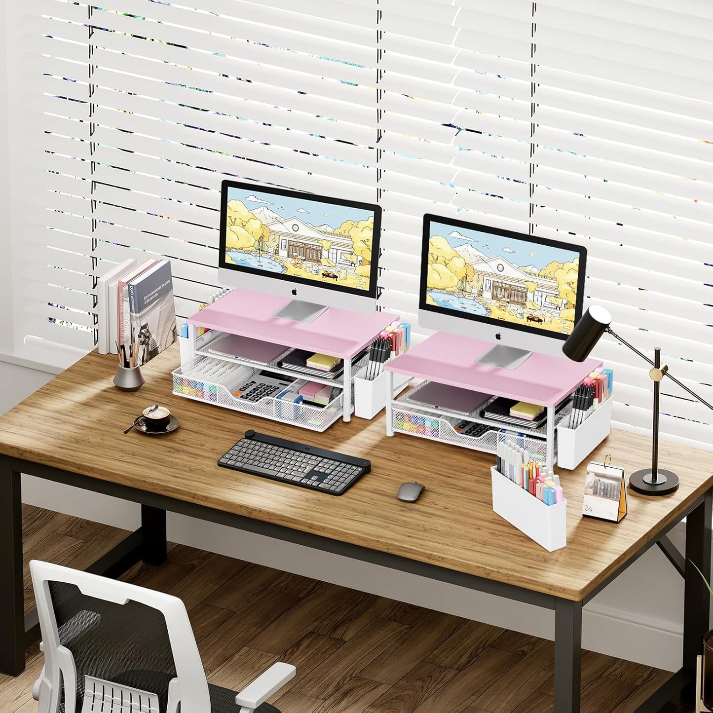 OPNICE Desk Organizers and Accessories, Computer Monitor Stand Riser with Drawer and 2 Pen Holders, Printer & Laptop Stand, Office Desk Accessories & Workspace Organizers for Home Office Supplies, Black