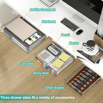 SVNNELP Under Desk Table Drawer Storage Organizer,3 Pack Large & Medium & Small Slide Out Desk Drawers - Hidden Desktop Organizer,Adhesive Storage Pencil Tray Under Table(BLACK/LMS)