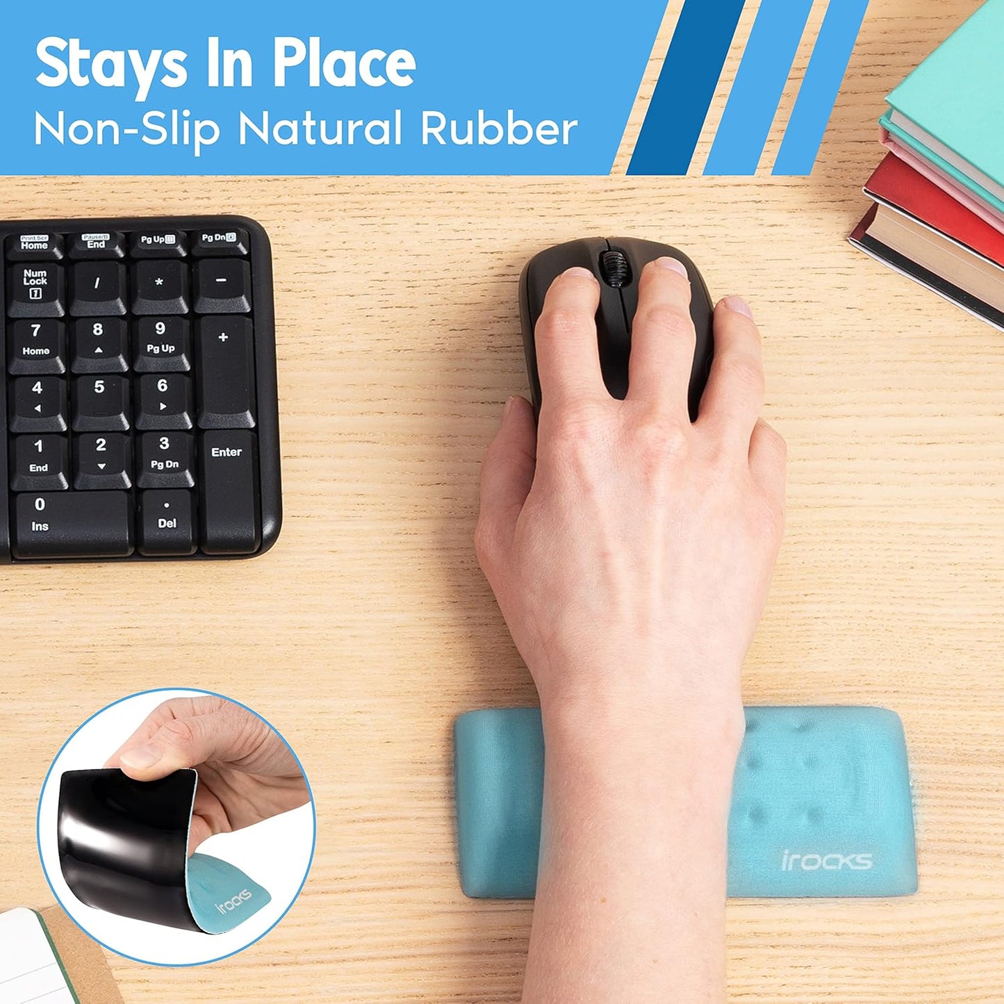 i-Rocks Memory Foam Keyboard Wrist Rest - Pain-Reducing Wrist Rest for Computer Keyboard - Non-Slip Rubber Base Wrist Rest - Cooling Keyboard Pad for Long Hours of Work, Studying, Gaming