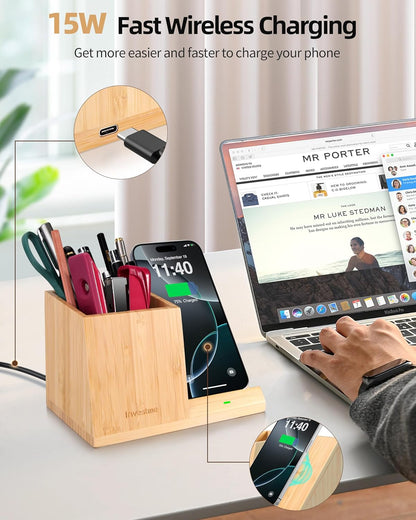 Bamboo Pen Holder with Wireless Charger, Desk Organizer with 5 Compartments for Home Office Supplies Compatible with iPhone & Samsung Series