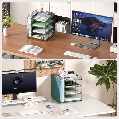 Desk Organizer, 4-Tier Metal File Organizer for Desk with Vertical File Holder, Office Accessories and Desktop Storage for Office Supplies (Black)