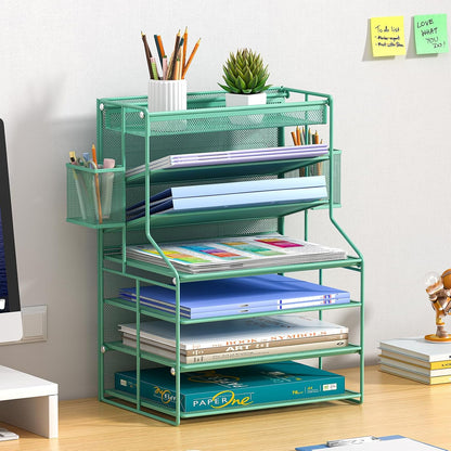 7 Tier Desk File Organizer – Vertical File Organizer for Desk with Removable Pen Holder & Adjustable Pull-out Drawer – Metal Document Organizer for Office, Simple Trending Design – Black