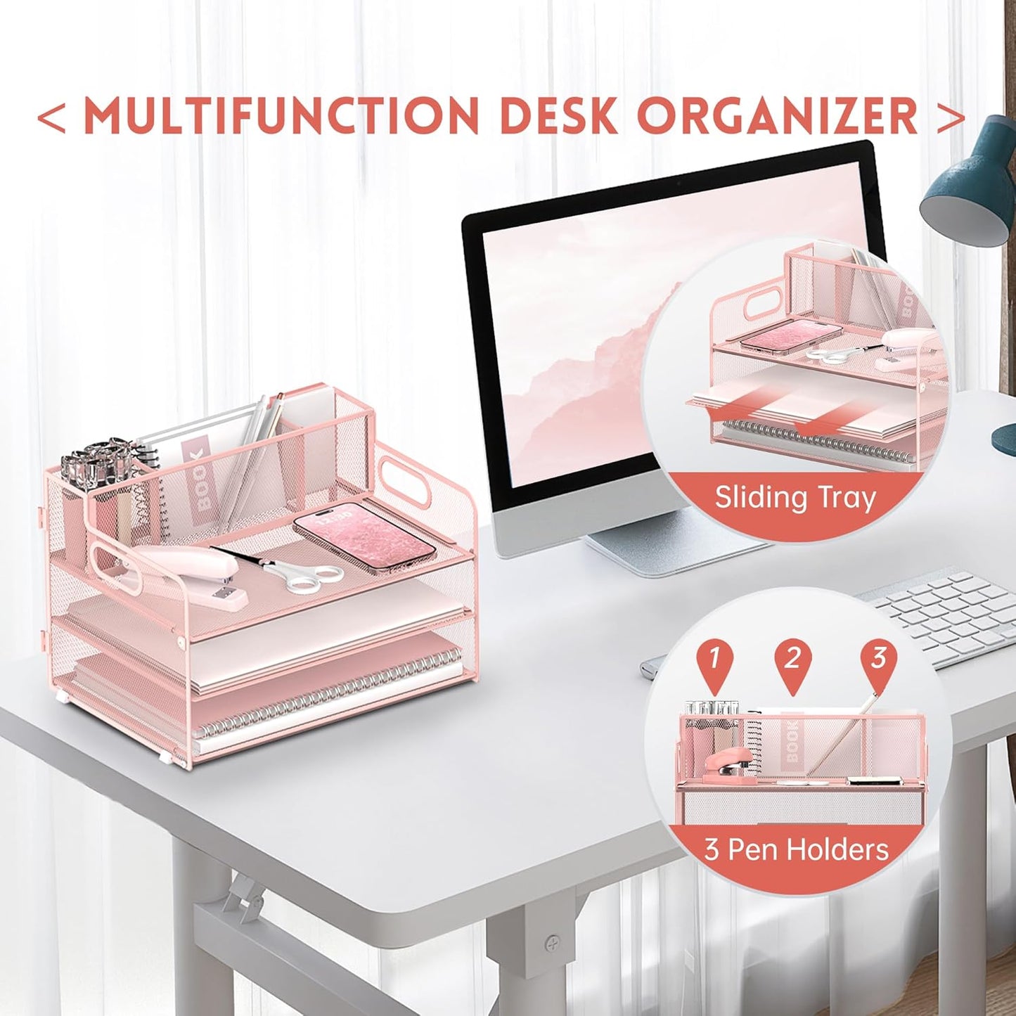 3 Tier Desk File Organizer with Pen Holder, Mesh Paper Tray File Organizer for Desk, Fold Holder with Handle for Office, Classroom, Home, Workspace(Black)