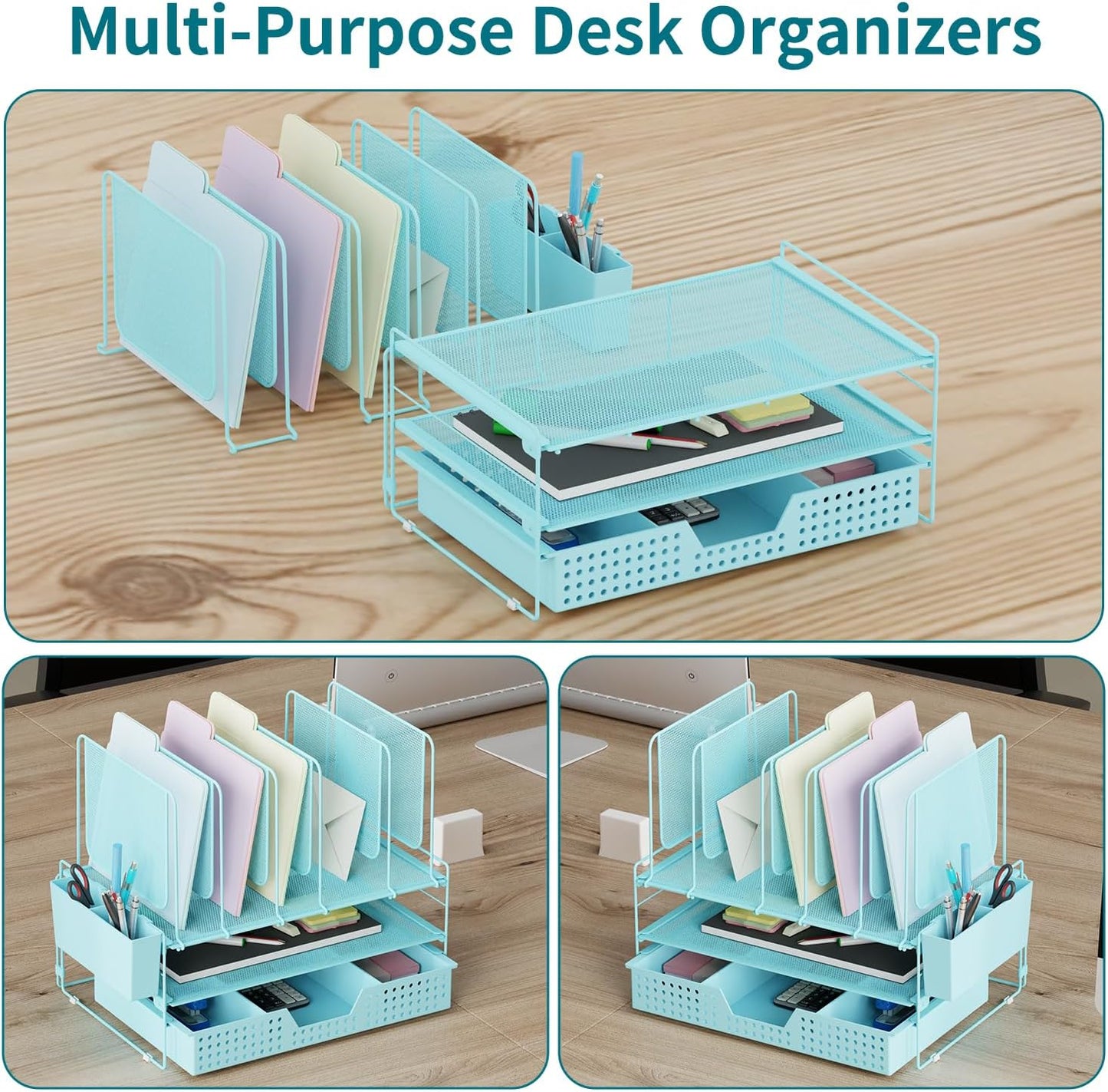 LEKETREE Desk Organizer, Office Organization with Vertical File Holder, File Organizer with Drawer and Pen Holder, Desk Accessories and Workspace Organizers for Home Office (Black)