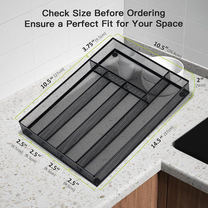 Neudeco Drawer Organizer Set 6 Pack - 5-Compartment Silverware Organizer Tray + 5 Utensil Trays, Kitchen Drawer Organizer for Flatware, Cutlery, Office Supplies, Black Mesh, Non-Slip.