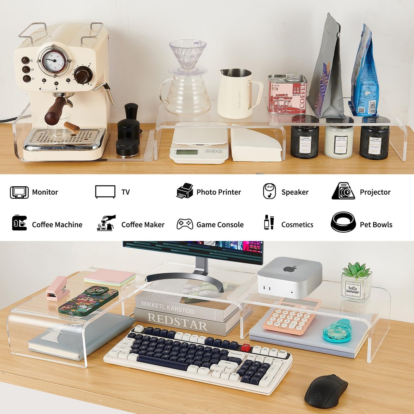 LEKETREE Dual Monitor Stand Riser with Drawer, Desk Organizer and Accessories, Pink Monitor Stand for Desk, Desktop Stand for Computer, Laptop, TV and More (Pink)