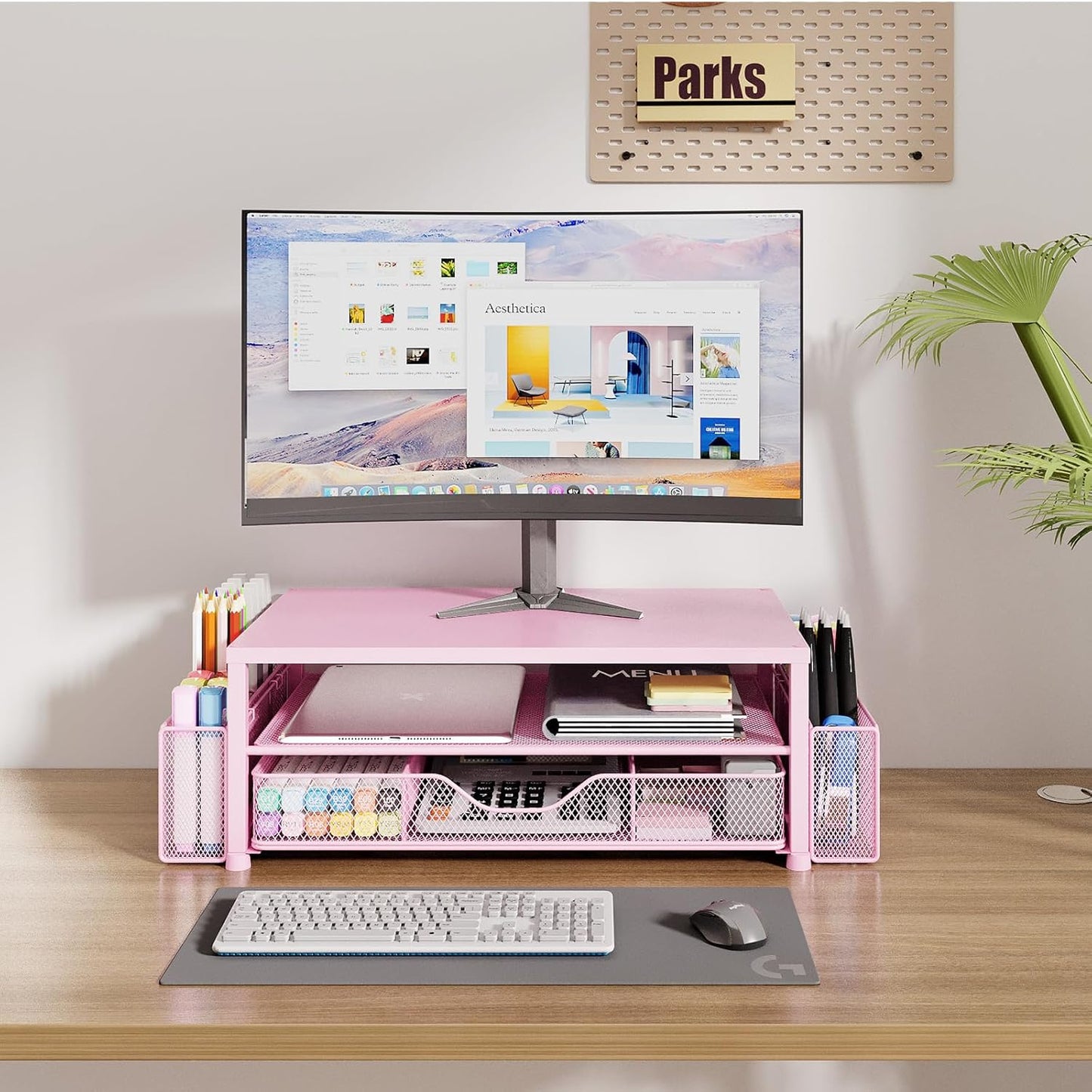 OPNICE Desk Organizer and Accessories, 2-Tier Computer Monitor Stand Riser with Drawer and 2 Pen Holders, Laptop Stand, Office Desk Accessories for Office Supplies, Black