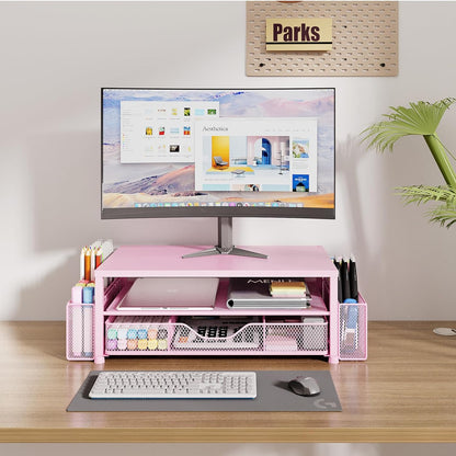 OPNICE Desk Organizer and Accessories, 2-Tier Computer Monitor Stand Riser with Drawer and 2 Pen Holders, Laptop Stand, Office Desk Accessories for Office Supplies, Black