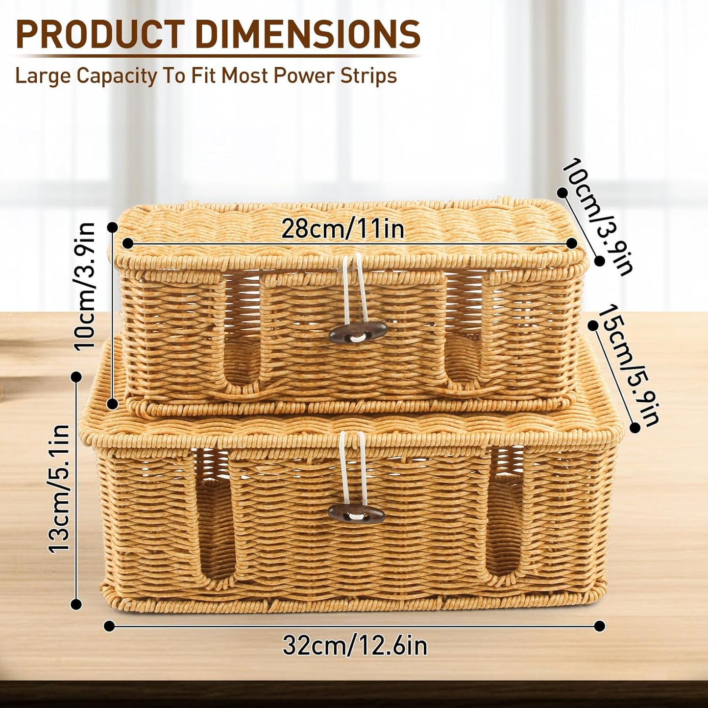 Cable Management Box - 2 Pack Cord Hider Organizer Boxs - Small & Medium Szie Power Cover Cord Box, Handwoven Rattan Cable Organizer for TV Computer USB Hub Power Strips & Cords