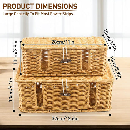 Cable Management Box - 2 Pack Cord Hider Organizer Boxs - Small & Medium Szie Power Cover Cord Box, Handwoven Rattan Cable Organizer for TV Computer USB Hub Power Strips & Cords