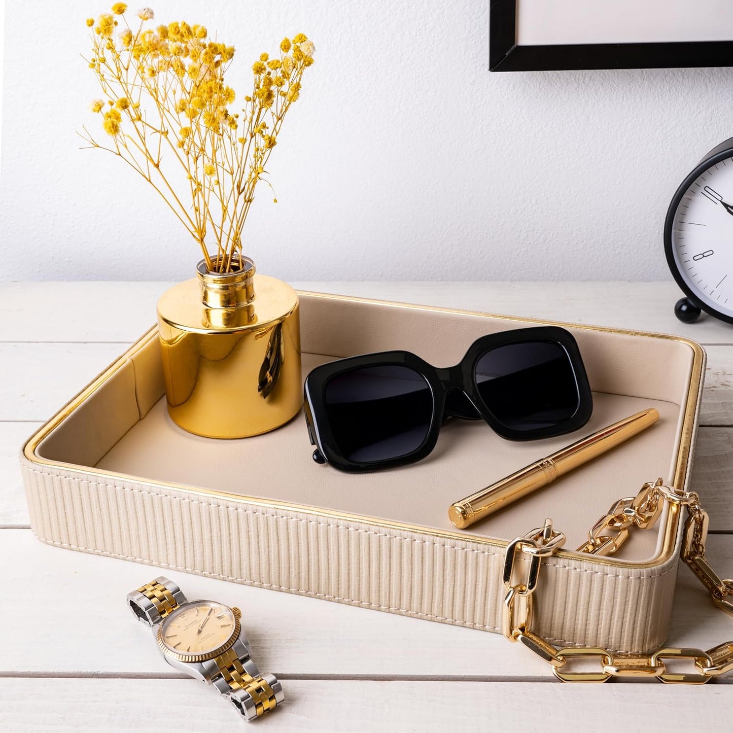 Leather Catchall Valet Tray for Men| Mens Valet Catch All Trays| Bedside Organizer for Nightstand| Cologne Tray for Men| Desk Trays Leather Tray Organizer (Black)