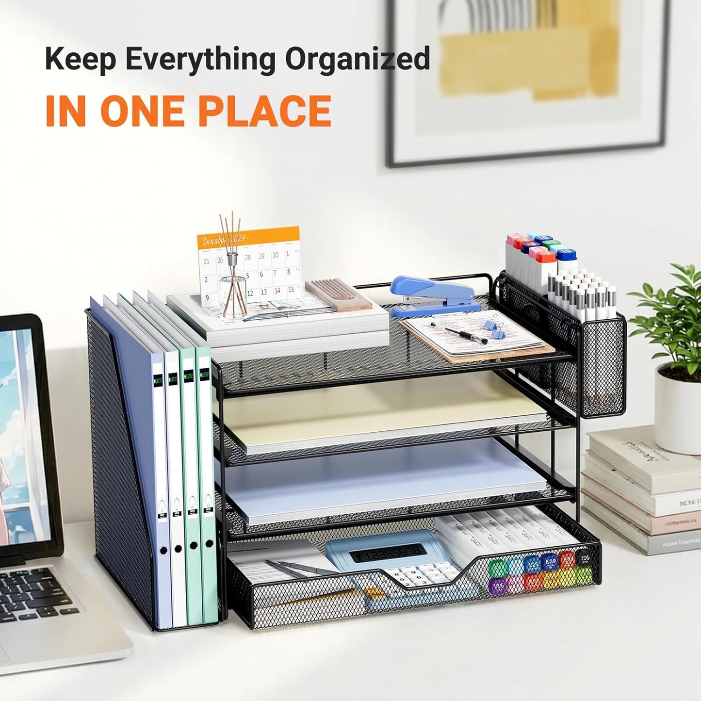 OPNICE Desk Organizers and Accessories, 4-Tier Office Desk Accessories & Workspace Organizers with Drawer and Pen Holder, Desktop Paper Tray File Organizer for Home Office Supplies, Gold