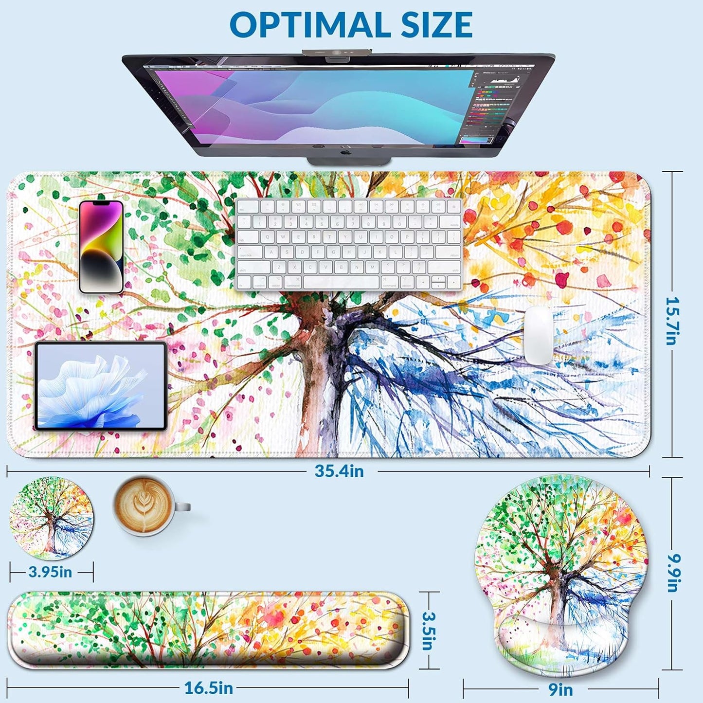 Desk Mat Set + Keyboard and Mouse Pad with Wrist Rest Support,4-in-1 Large Mousepad Computer Mats for Desktop Home & Office-Purple Butterflies