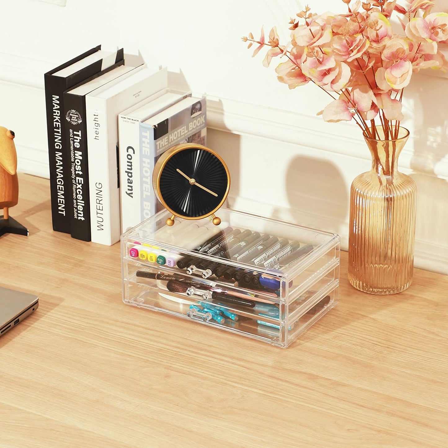 Cq acrylic Drawer Organizer with 3 Long Drawers,Stacking Office Supply Organizer and Desk Pen Storage and Stationary Organizer,Clear Makeup Storage Organizer for Palettes,Cosmetic, Beauty for Vanity