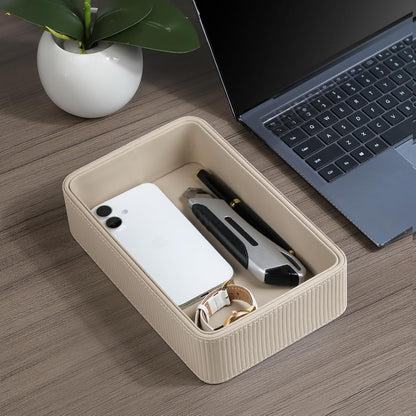 PU Leather Valet Tray Organizer, Small Nightstand Organizer Bedside Desktop Storage for Womens and Men, Perfume Trinket Catchall Vanity Tray for Key Watch Wallet (Beige, Rectangular)