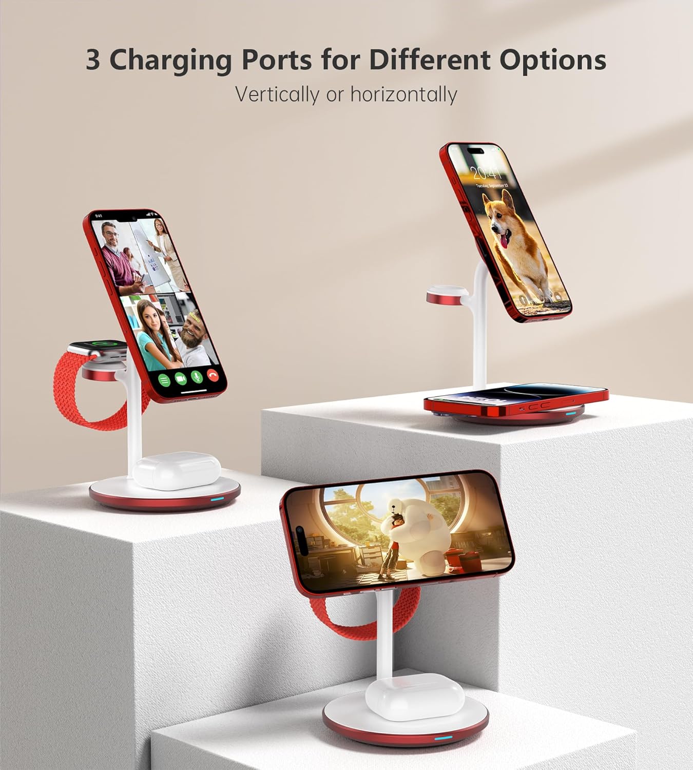 XooFly 3 in 1 Wireless Charging Station for Apple Devices, Fast Wireless Mag-Safe Charger Stand with 20W Adapter for iPhone 17 16 15 14 13 12 Pro Max/Air/Plus/Pro,iWatch,AirPods-Gift for Wife&Husband