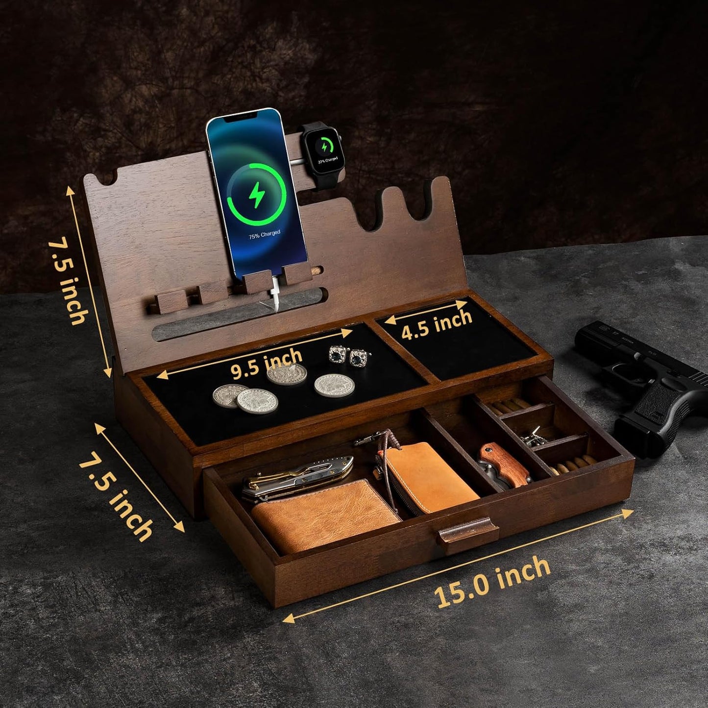 DGWJSU Phone Docking Station as Gifts for Men, Wood Pistol Rack As Nightstand Organizer for Gun Safe, Phone Charging Station as Gifts for Him Boyfriend Husband Father in Anniversary Birthday Christmas