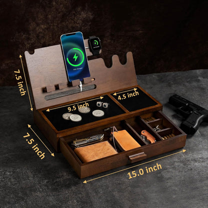 DGWJSU Phone Docking Station as Gifts for Men, Wood Pistol Rack As Nightstand Organizer for Gun Safe, Phone Charging Station as Gifts for Him Boyfriend Husband Father in Anniversary Birthday Christmas