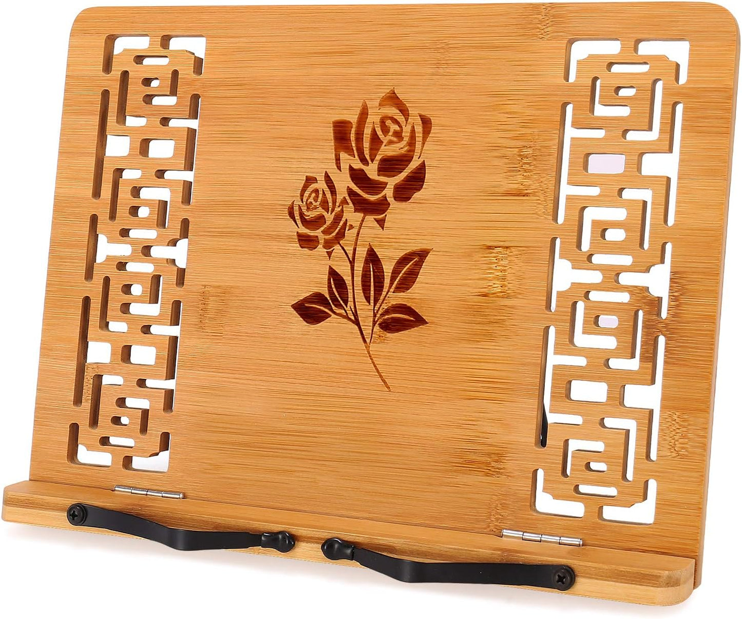 MEGREZ Bamboo Book Stand (13.2 x 9.4 inch) for Reading, Kitchen Cookbook Holder, Adjustable for Tablet/Textbook, Hollow Bookrest, Panda